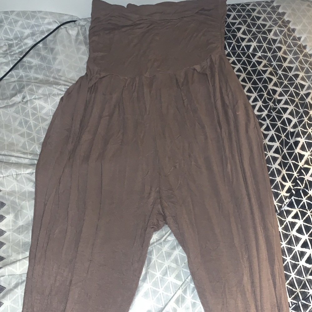 A brown strapless jumpsuit